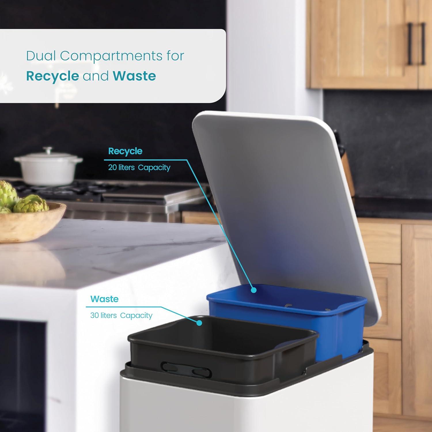 13 Gallon Slim Trash Can with Dual Compartments - 50 Liters Total