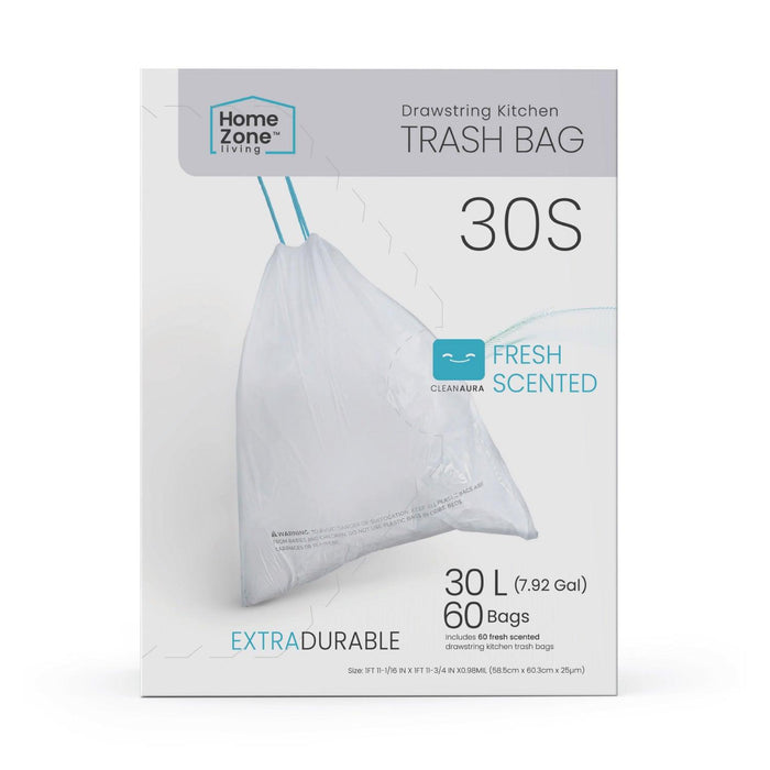 8 Gallon Kitchen Trash Bags with Drawstring Handles, Heavy Duty Custom Fit Design for Standard 30 Liter Kitchen Trash Cans, Code 30S, 60 Count - Home Zone Living